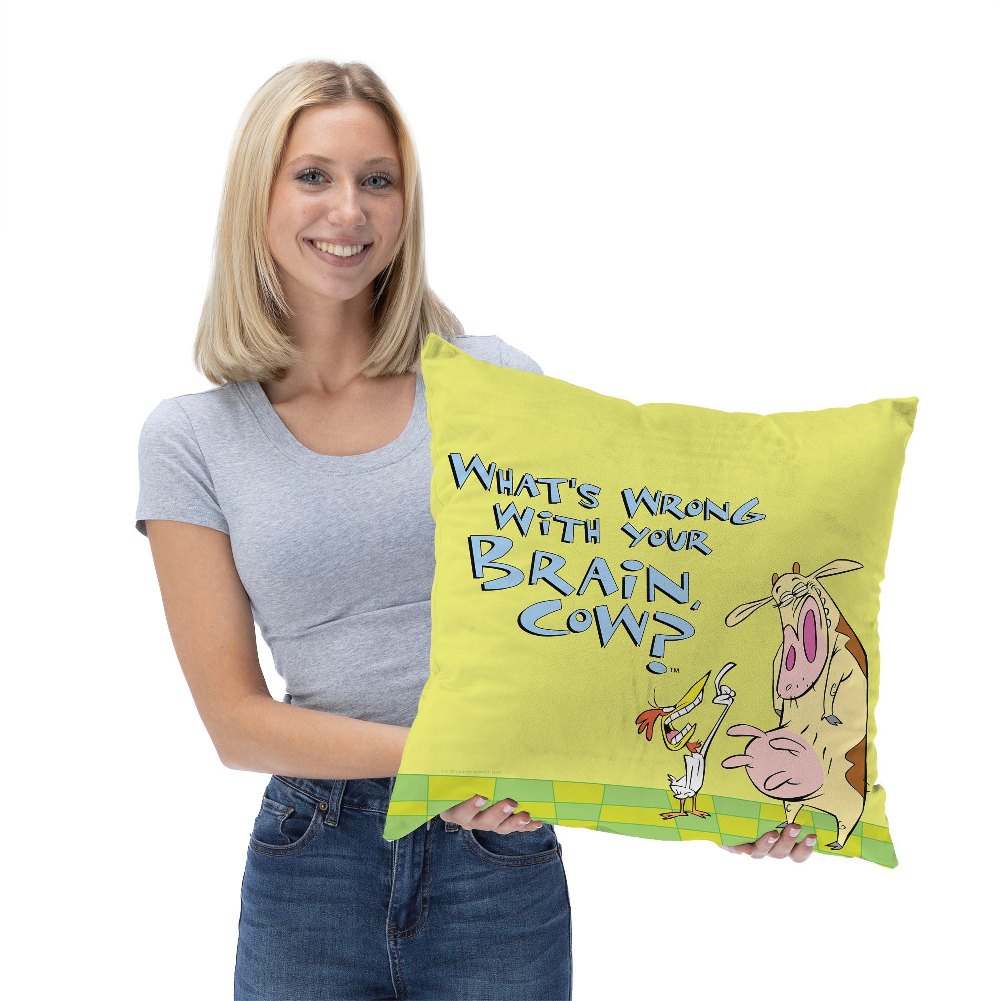 Cartoon Network Cow And Chicken Whats Wrong With Your Brain Throw Pillow 18x18 Inches
