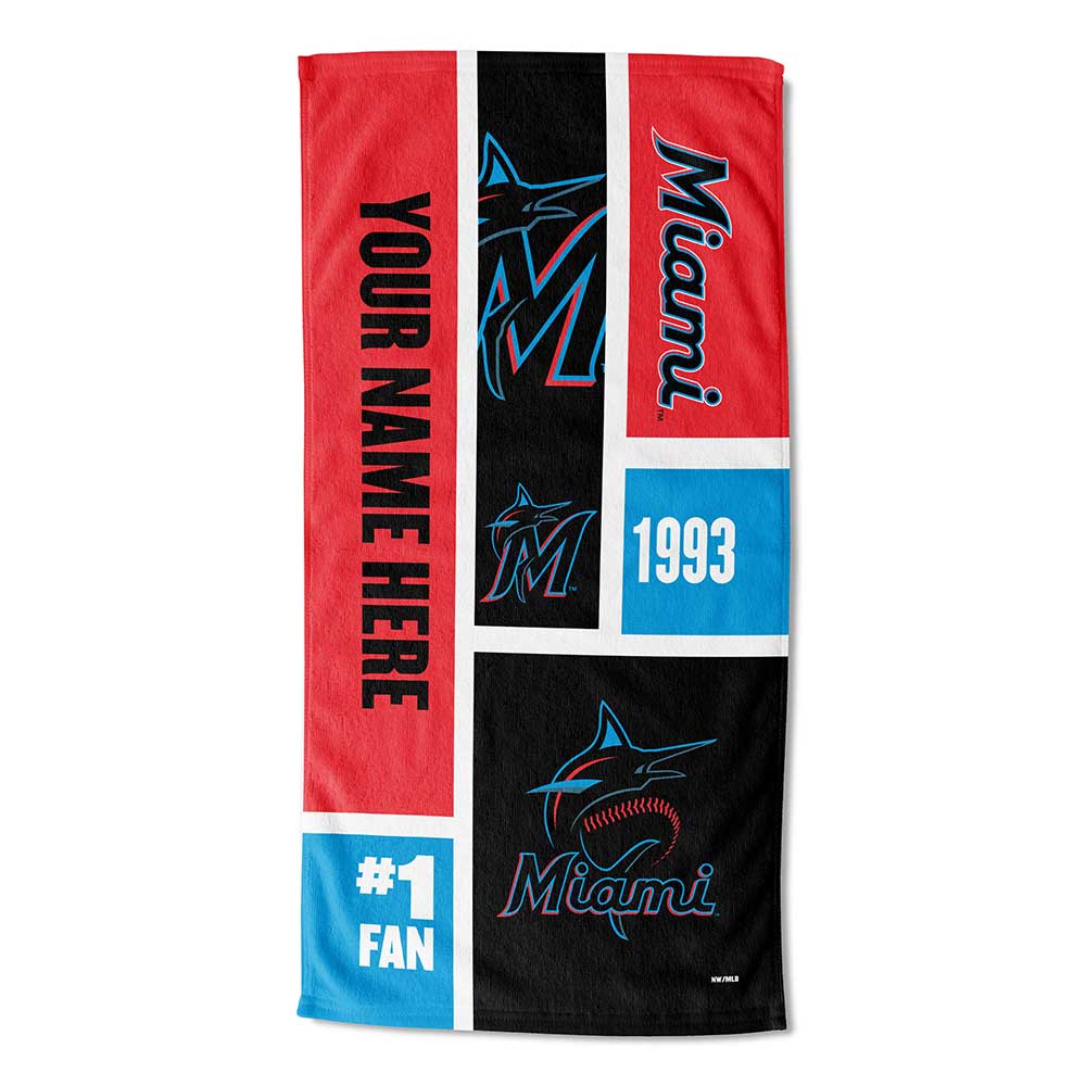 MLB Miami Marlins Colorblock Personalized Beach Towel 30x60 Inches
