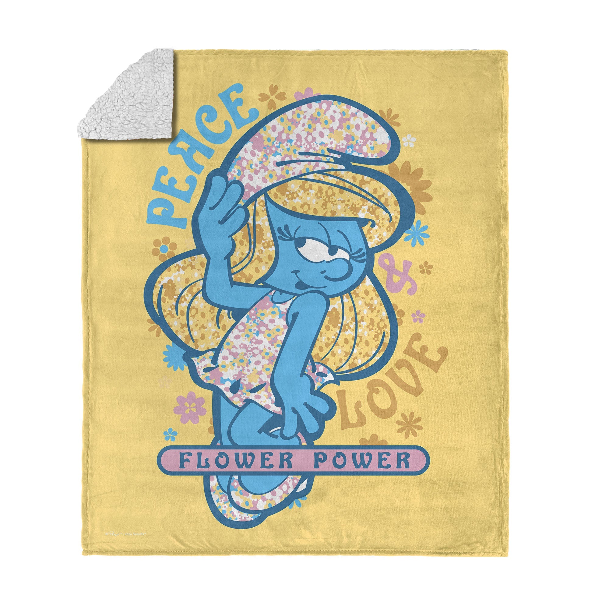 Smurfs Peace Love Flower Power Silk Touch Sherpa Throw Blanket 50 x 60 inches