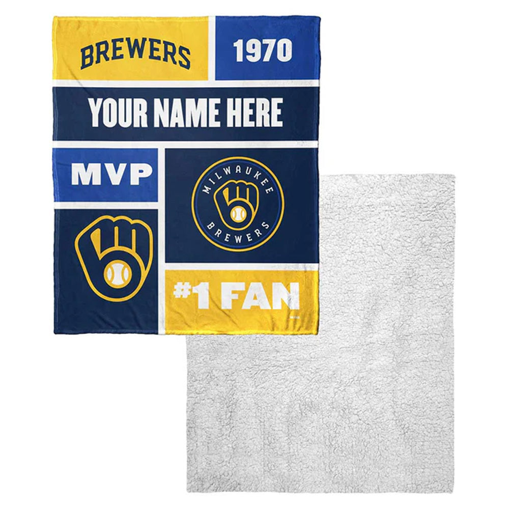 MLB Milwaukee Brewers Colorblock Personalized Silk Touch Sherpa Throw Blanket 50x60 Inches