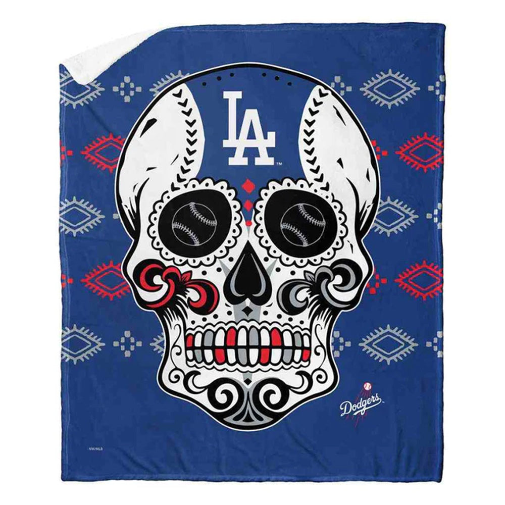 MLB Los Angeles Dodgers Candy Skull Silk Touch Sherpa Throw Blanket 50x60 Inches
