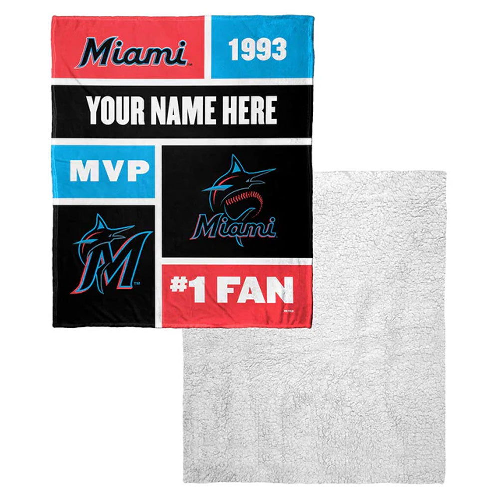 MLB Miami Marlins Colorblock Personalized Silk Touch Sherpa Throw Blanket 50x60 Inches
