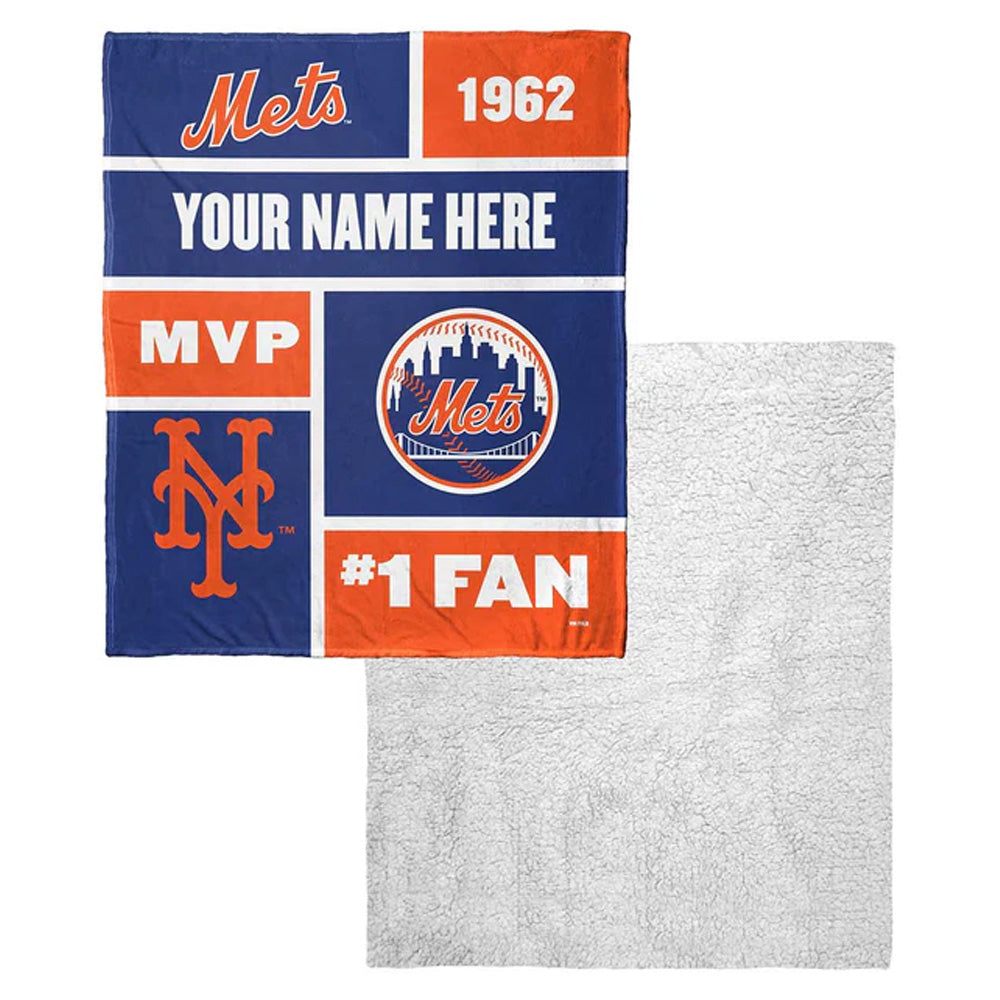 MLB New York Mets Colorblock Personalized Silk Touch Sherpa Throw Blanket 50x60 Inches