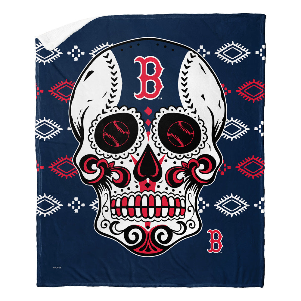 MLB Boston Red Sox Candy Skull Silk Touch Sherpa Throw Blanket 50x60 Inches